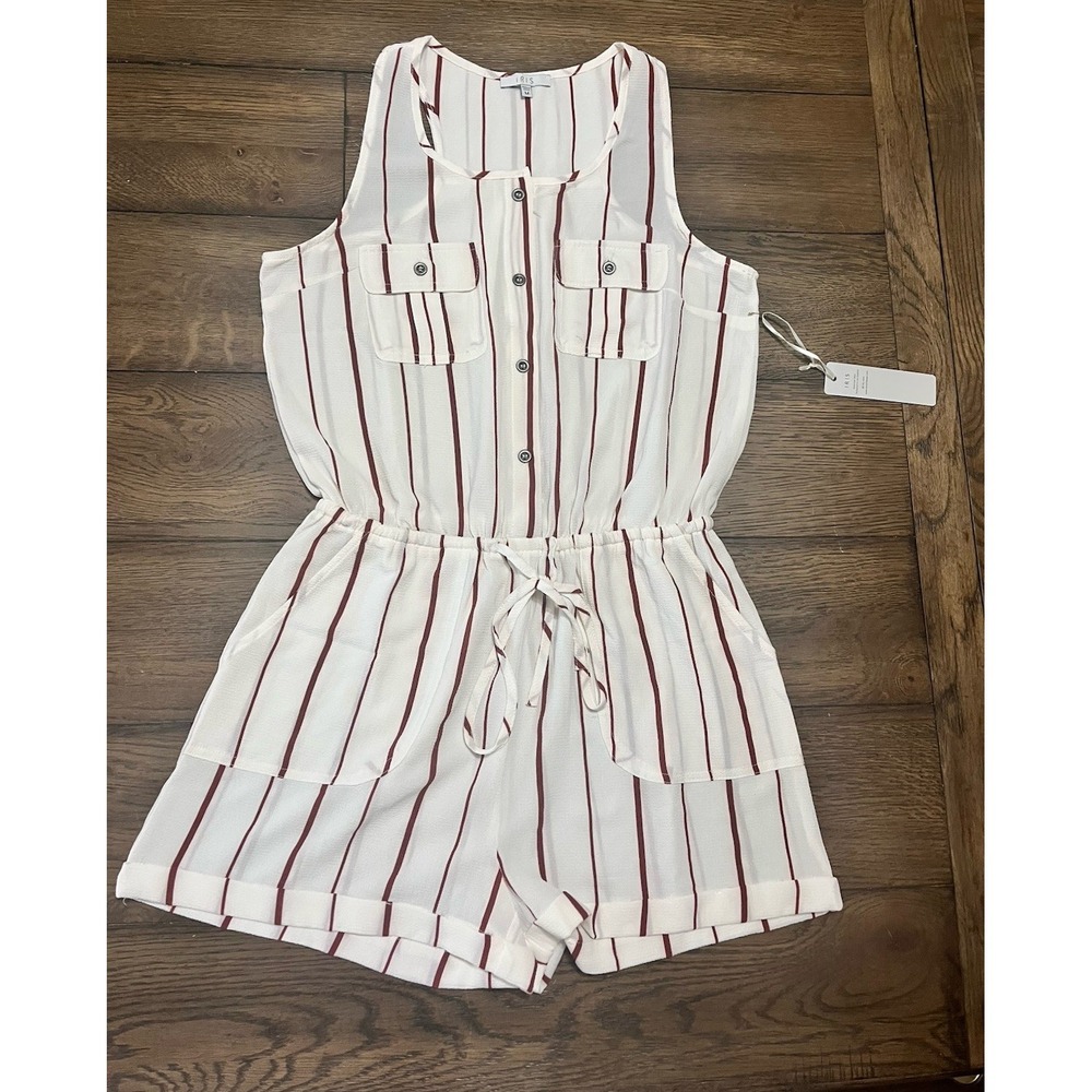 IRIS Size M White Striped Semi Sheer Romper Sleeveless Coastal Swim Cover